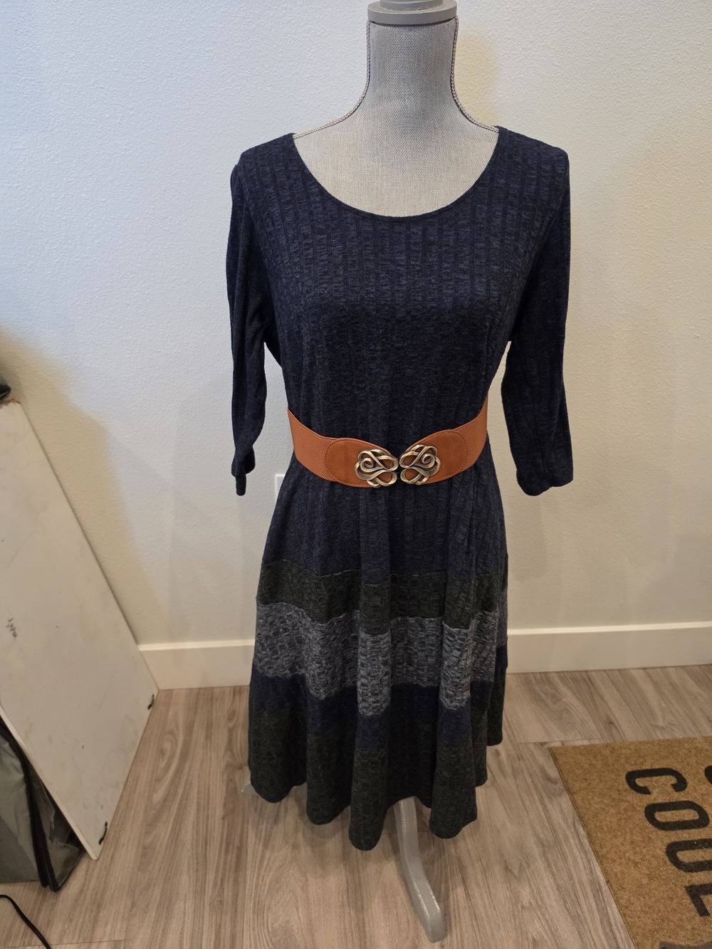 dressbarn Navy and Brown Long-Sleeve Knit Fit-and-Flare Dress With Belt